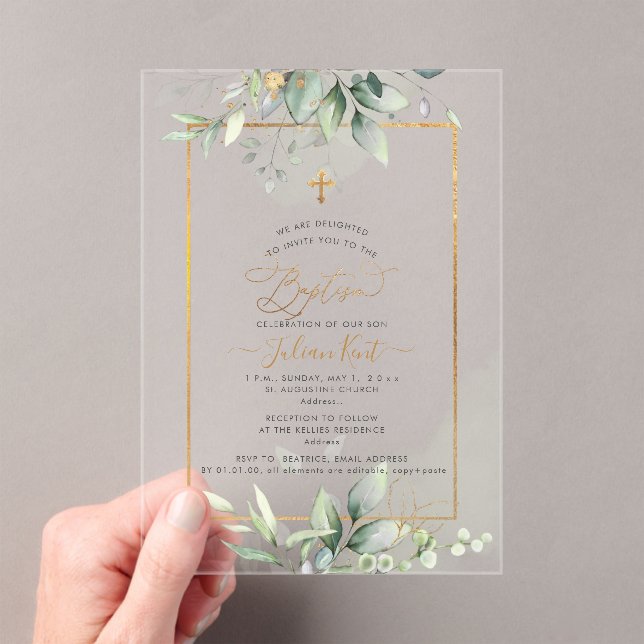 PixDezines H2 Green Gold Eucalyptus Baptism Acrylic Invitations (Insitu (Handheld))