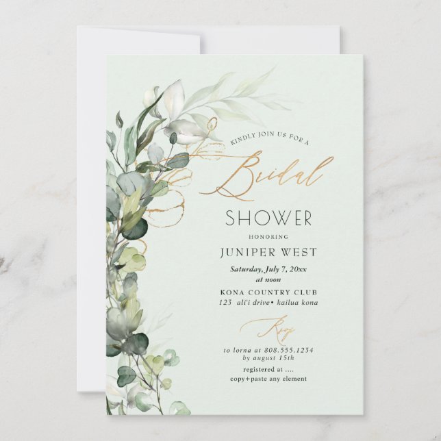 PixDezines H2 Green Gold Eucalyptus Bridal Shower Invitation (Front)