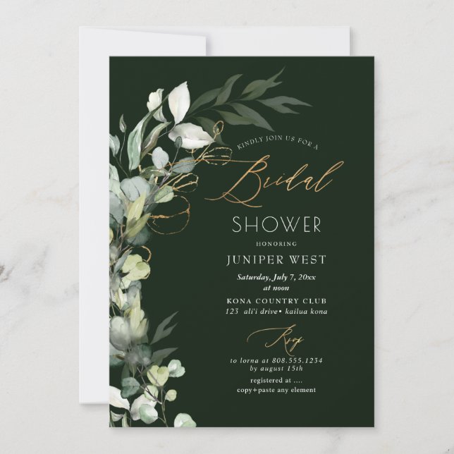 PixDezines H2 Green Gold Eucalyptus Bridal Shower Invitation (Front)