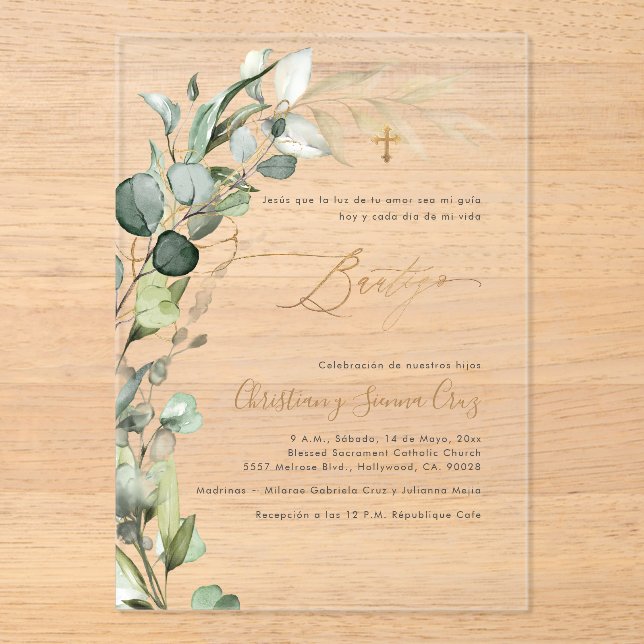 PixDezines H2 Greenery Gum Foliage Bautizo Acrylic Invitations (Front)