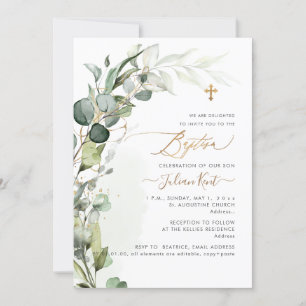 PixDezines H2 Greenery Gum Foliage First Baptism Invitation