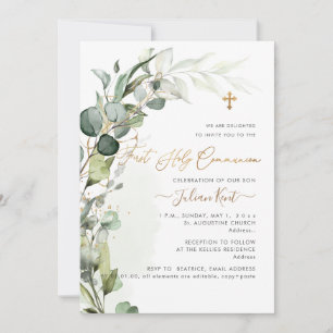 PixDezines H2 Greenery Gum Foliage First Commumion Invitation
