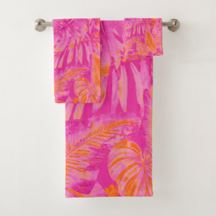PixDezines H2 Hawaiian Jungle Hot Pink Orange Bath Towel Set