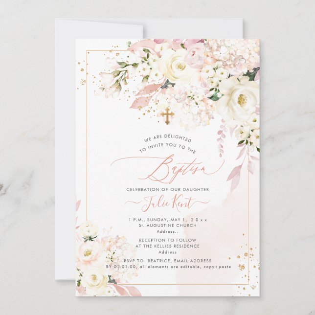 PixDezines H2 Hydrangeas Blush Roses Baptism Invitation (Front)