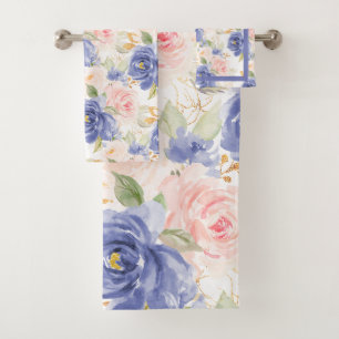 PixDezines H2 Mediterranean Blue Pink Roses   Bath Towel Set