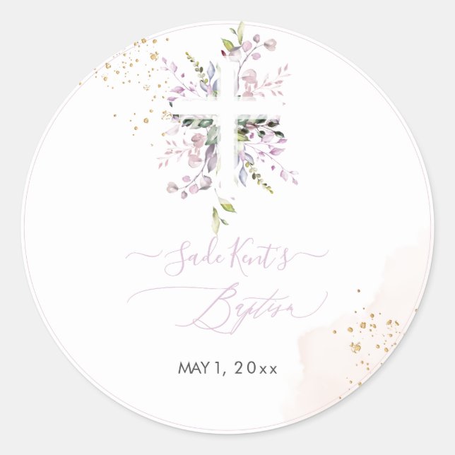 PixDezines H2 Pink Eucalyptus Baptism Classic Round Sticker (Front)