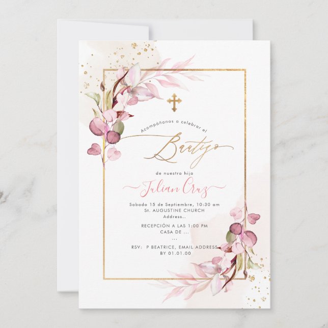 PixDezines H2 Pink Eucalyptus Bautizo Invitation (Front)