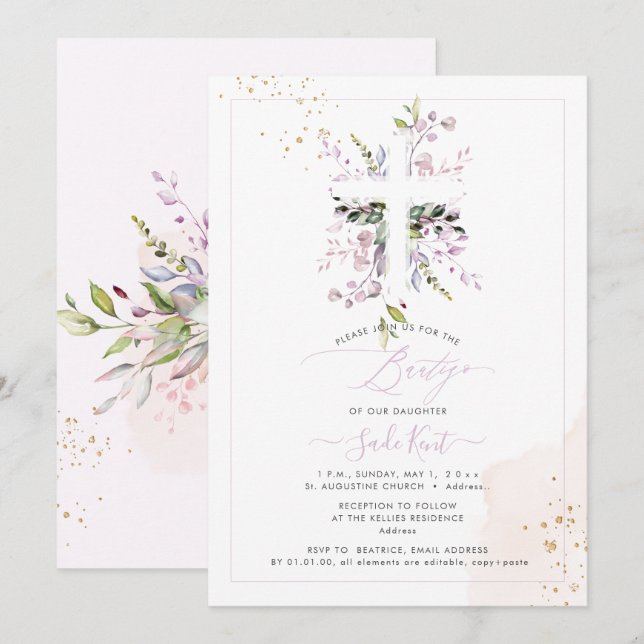 PixDezines H2 Pink Eucalyptus Bautizo Invitation (Front/Back)