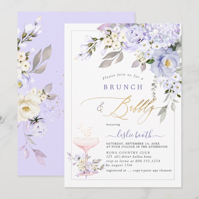 PixDezines H2 Purple Roses Hydrangea Brunch Bubbly Invitation (Front/Back)