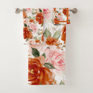 PixDezines H2 Rust Orange n Blush Pink Roses Bath Towel Set