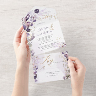 PixDezines H2 Rustic Dusty Purple Eucalyptus Gold All In One Invitation