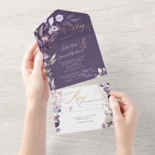 PixDezines H2 Rustic Dusty Purple Eucalyptus Gold All In One Invitation