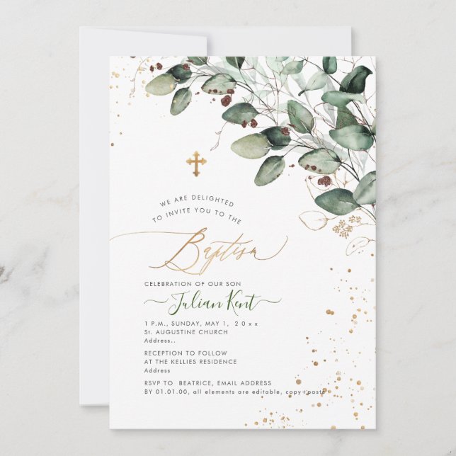 PixDezines H2 Rustic Gum Eucalyptus Baptism Invitation (Front)