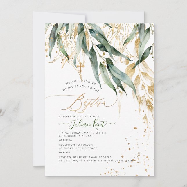 PixDezines H2 Rustic Willow Gum Eucalyptus Baptism Invitation (Front)