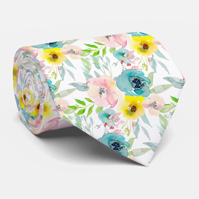 PixDezines H2 Spring Flowers Blush Teal Yellow Tie (Rolled)