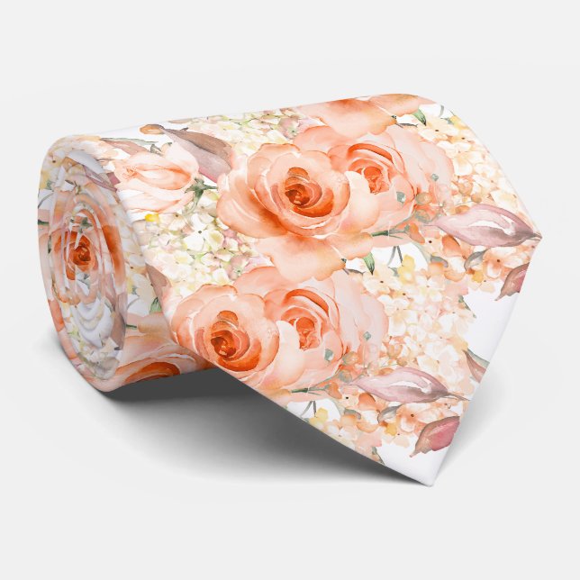 PixDezines H2 Summer Peachy Orange Roses Hydrangea Tie (Rolled)
