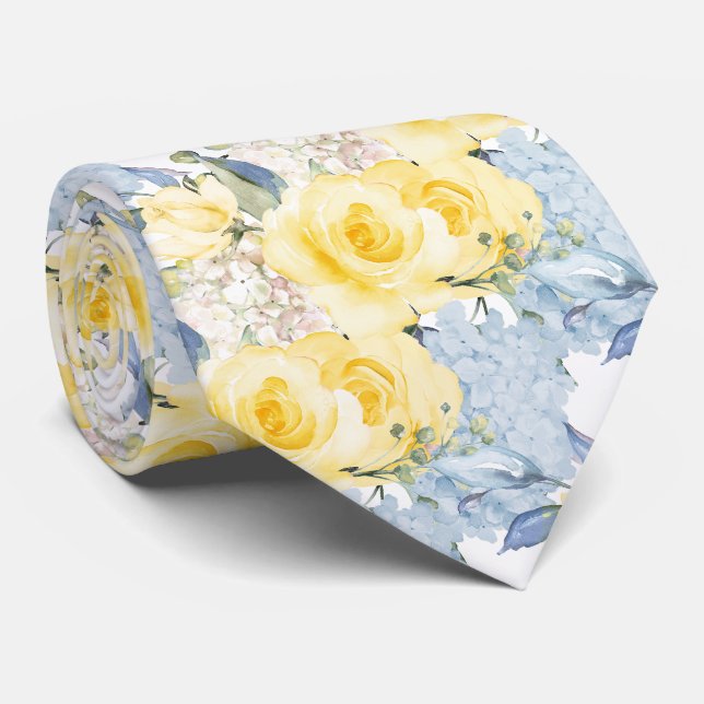 PixDezines H2 Summer Yellow Roses Blue Hydrangea Tie (Rolled)