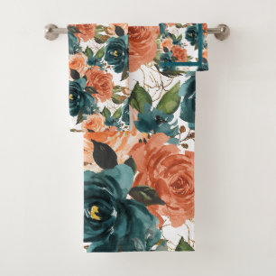 PixDezines H2 Teal Green Blush Pink Roses Bath Towel Set