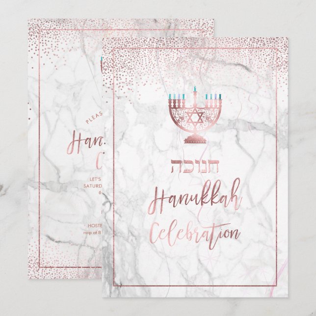PixDezines Hanukkah Celebration, Rose Gold+Marble Invitation (Front/Back)
