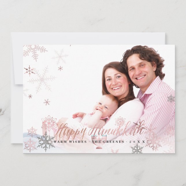 PixDezines Hanukkah/Rose Gold Snowflakes Holiday Card (Front)
