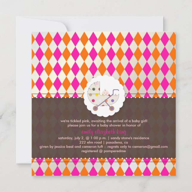 PixDezines harlequin/pink+orange/baby shower/DIY Invitation (Front)