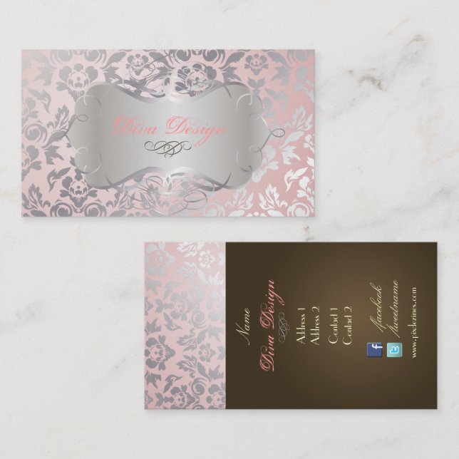 PixDezines Haute Coutour Damask, Faux Silver Business Card (Front/Back)