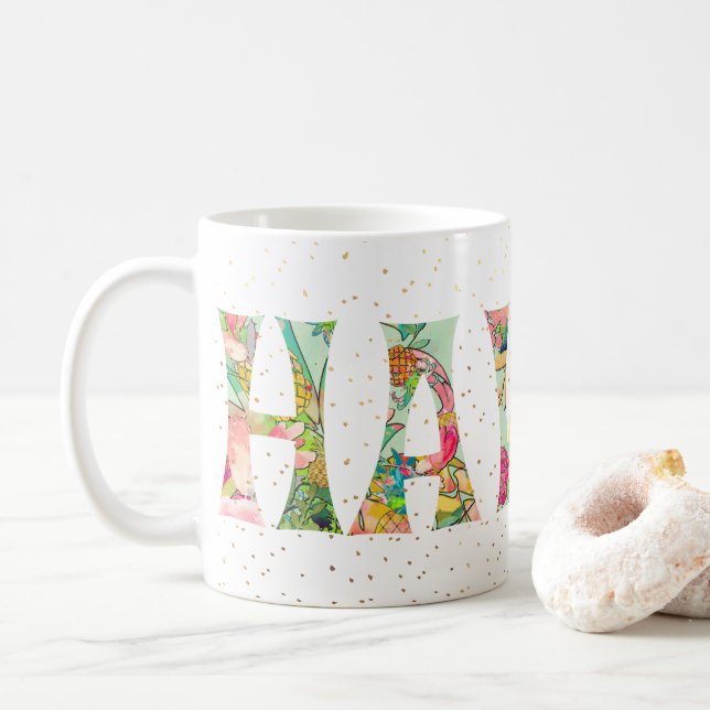 PixDezines Hawaii Pineapple Collage Watercolor Coffee Mug (With Donut)