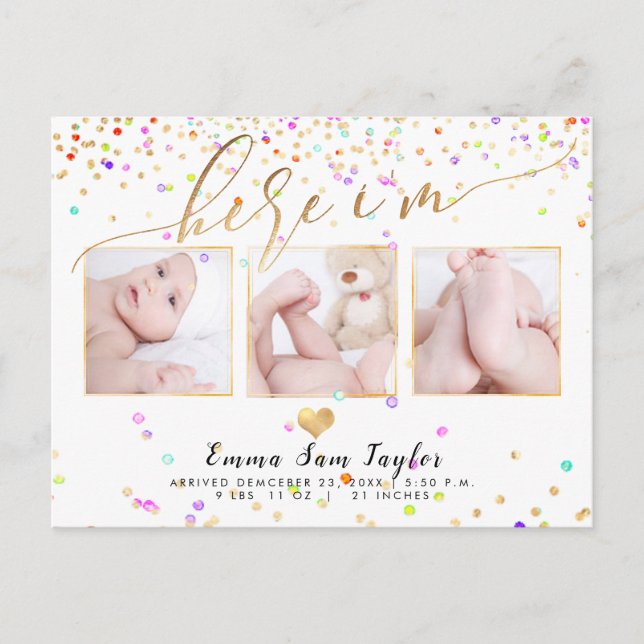 PixDezines Here I'm Birth Announcement/Confetti Announcement Postcard (Front)