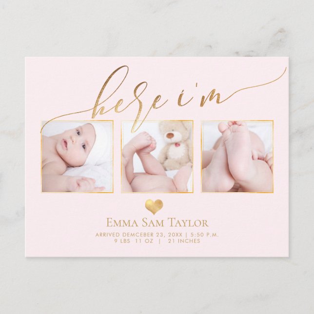 PixDezines Here I'm Birth Announcement/Heart Announcement Postcard (Front)