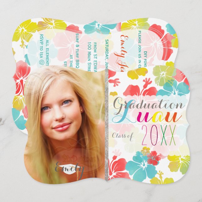 PixDezines Hibiscus Graduation Luau Invitation (Front/Back)