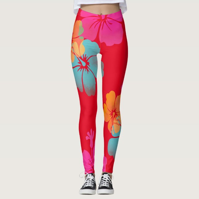 PixDezines Hibiscus/Pink/Orange/Aqua/DIY Bckgrnd Leggings (Front)