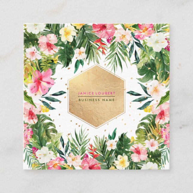 PixDezines Hibiscus Tropical Jungle Square Business Card (Front)