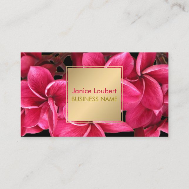 PixDezines Hot Pink Kona Plumeria/Faux Gold Business Card (Front)