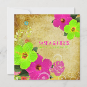 PixDezines hot pink+neon green hibiscus+monstera Invitation