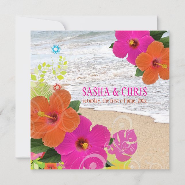 PixDezines hot pink+orange hibiscus+monstera Invitation (Front)