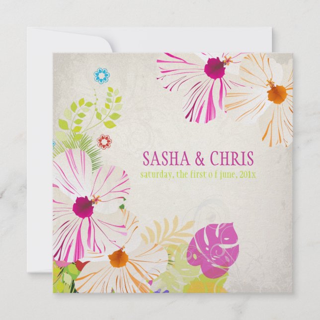 PixDezines hot pink+orange hibiscus+monstera Invitation (Front)
