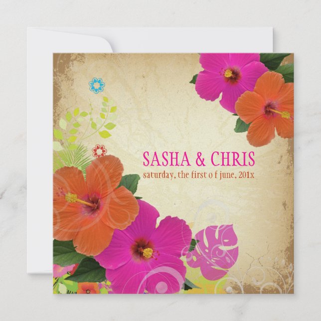 PixDezines hot pink+orange hibiscus+monstera Invitation (Front)