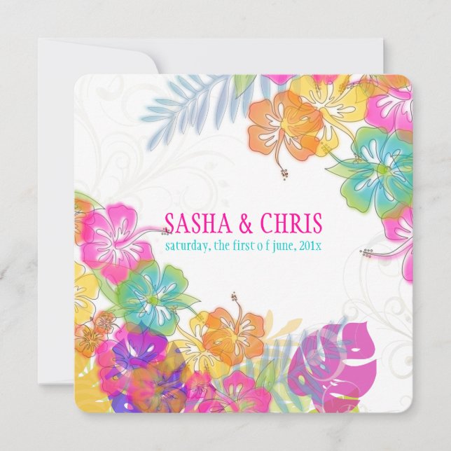 PixDezines hot pink+orange hibiscus+monstera Invitation (Front)
