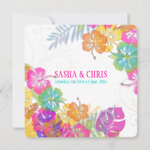 PixDezines hot pink+orange hibiscus+monstera Invitation