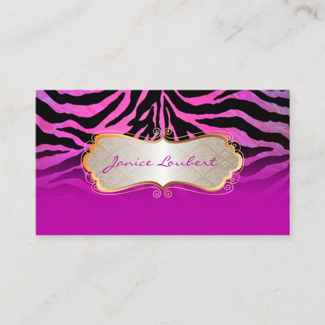 PixDezines hot pink zebra+gold trim label Business Card (Front)