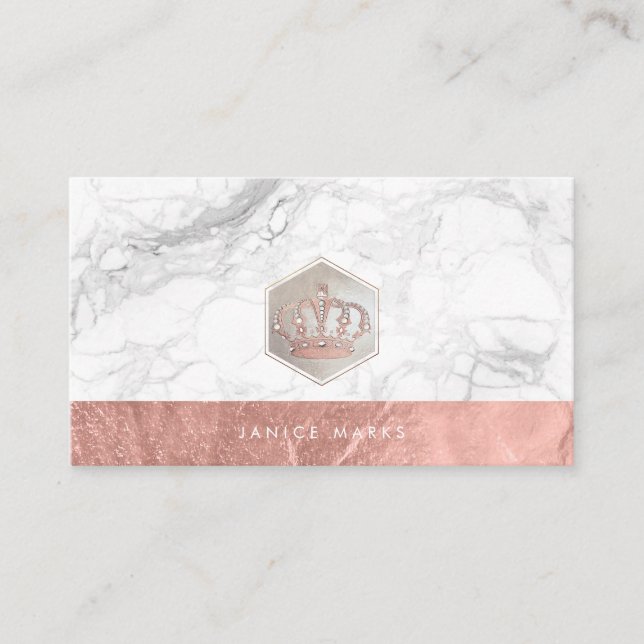 PIXDEZINES iMPERIAL CROWN | MARBLE FAUX ROSE GOLD Business Card (Front)