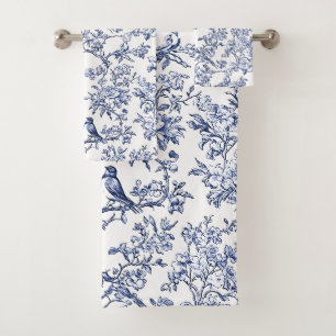 PixDezines Indigo Blue Chinoiserie, Birds Peonoies Bath Towel Set