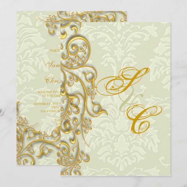PixDezines IVORY DAMASK FAUX GOLD FILIGREE Invitation (Front/Back)