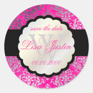 PixDezines Josephine Damask/DIY colour/hot pink Classic Round Sticker