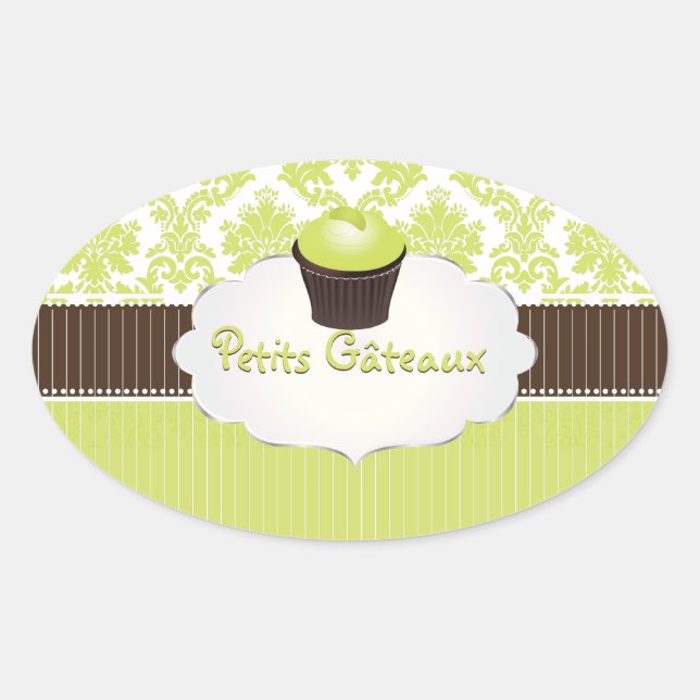PixDezines key lime cupcake+damask/DIY colour Oval Sticker (Front)