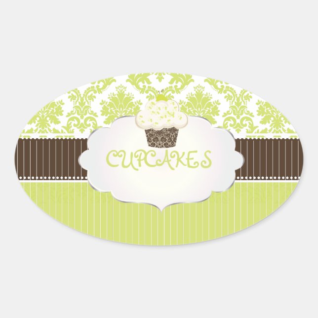 PixDezines key lime cupcake+damask/DIY colour Oval Sticker (Front)