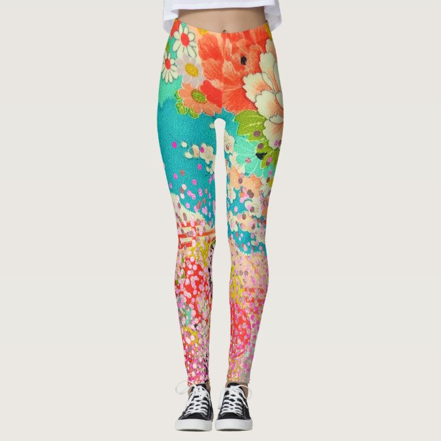PixDezines Kimono/Peonies/Cherry Blossoms Leggings (Front)
