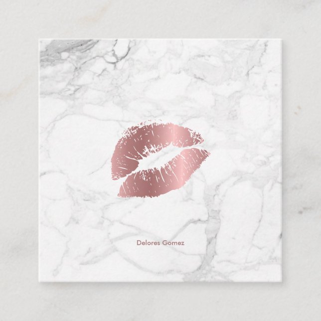 PixDezines Kiss Kiss Rose Gold Lips Square Business Card (Front)