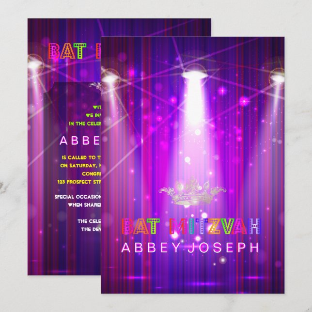 PixDezines Laser / Neon Lights Bat Mitzvah Invitation (Front/Back)