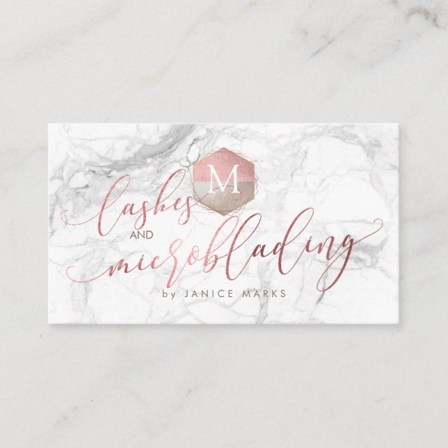 PIXDEZINES LASHES+MICROBLADING MARBLE ROSE GOLD BUSINESS CARD (Front)